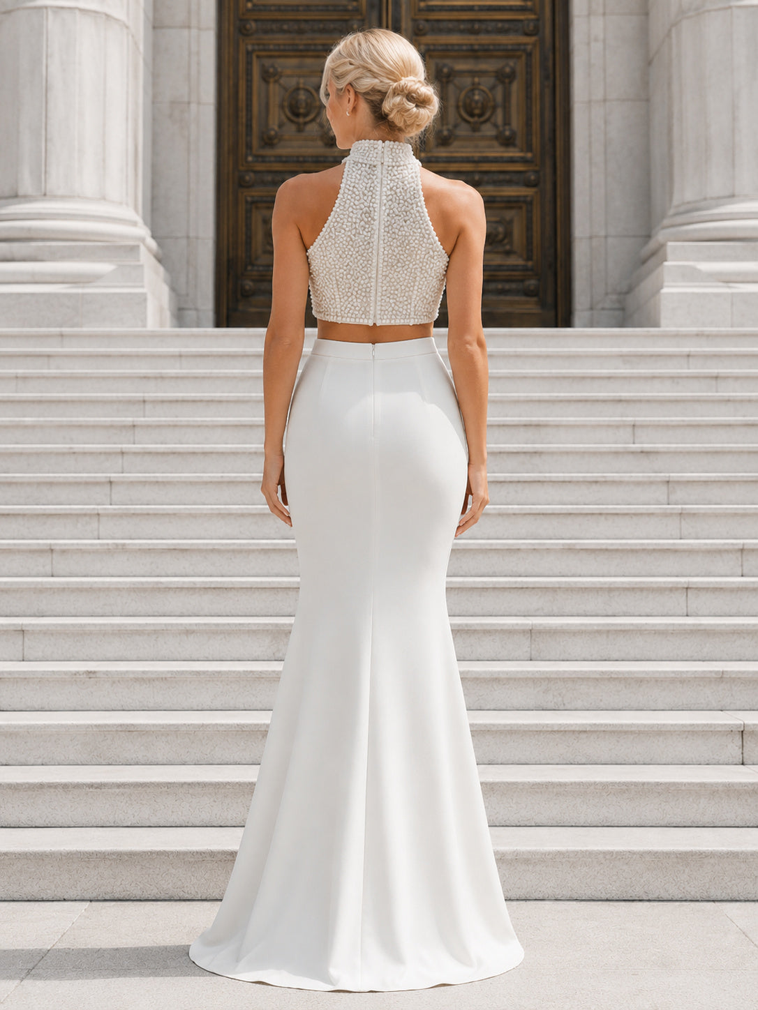Pearl Halter Crop Top Mermaid City Hall Bridal Set back view