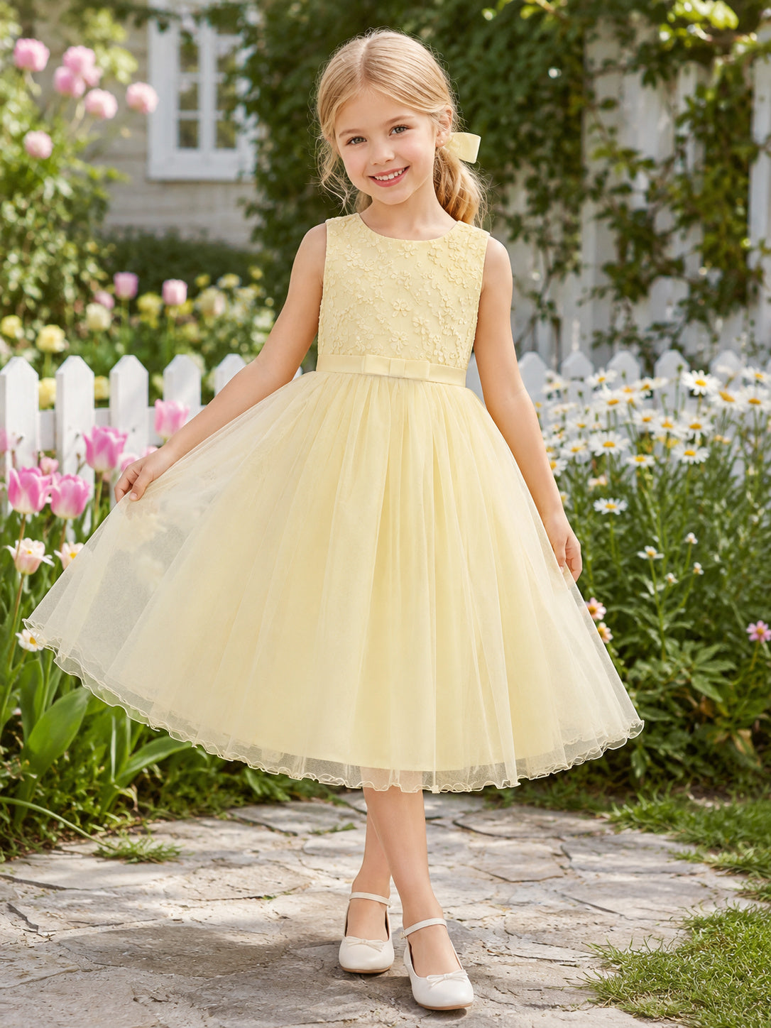 A-Line Spring Garden Flower Girl Dress with Sleeveless Bodice, Light Flared Skirt, Tea-Length Hem, Natural Waist, Spring Gard