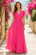 Wedding Guest Dress Fuchsia Chiffon A-Line V-Neck Short Sleeve Floor Length front view