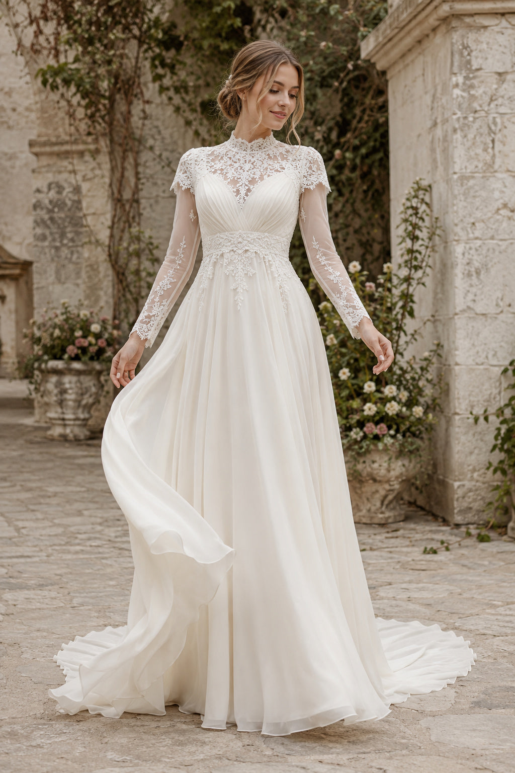 Ivory Modest High Neck A-Line Soft Tulle Wedding Dress with Long Lace Sleeves and Sweep Train front view