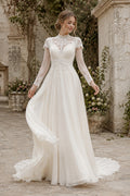 Ivory Modest High Neck A-Line Soft Tulle Wedding Dress with Long Lace Sleeves and Sweep Train front view
