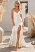 Ivory Simple Cowl Neck Sheath Satin Wedding Dress with Spaghetti Straps and Sweep Train Style MG_701414 front view