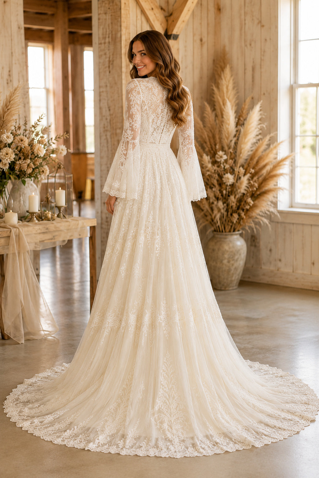 Ivory Boho High Neck A-Line Lace Tulle Wedding Dress with Long Bell Sleeves and Chapel Train back view