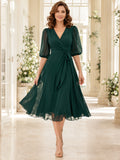 Dark Green Puff Sleeve Chiffon Midi Dress front view
