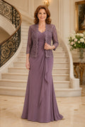 Mauve Chiffon Sheath Mother Dress with Lace Jacket and Draped V-Neck Bodice front view