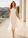 Fluid One Shoulder Pleated Chiffon A-Line Tea Ruffle Mairie Wedding Dress front view