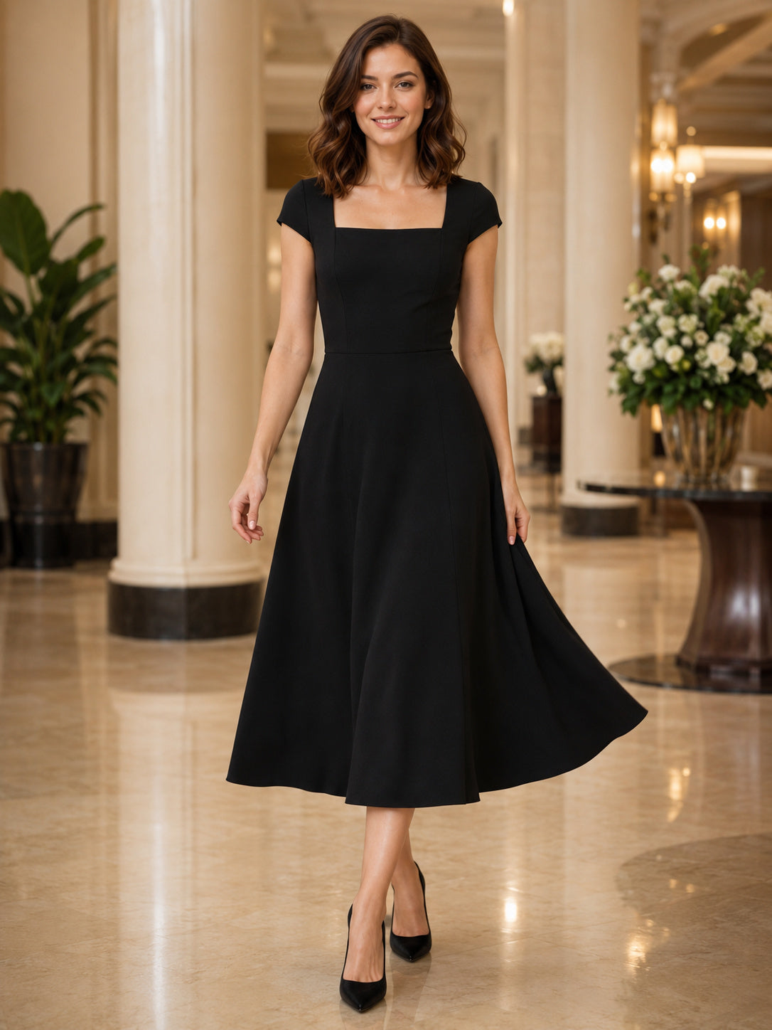 Black square neck cap sleeve A-line satin midi dress front view