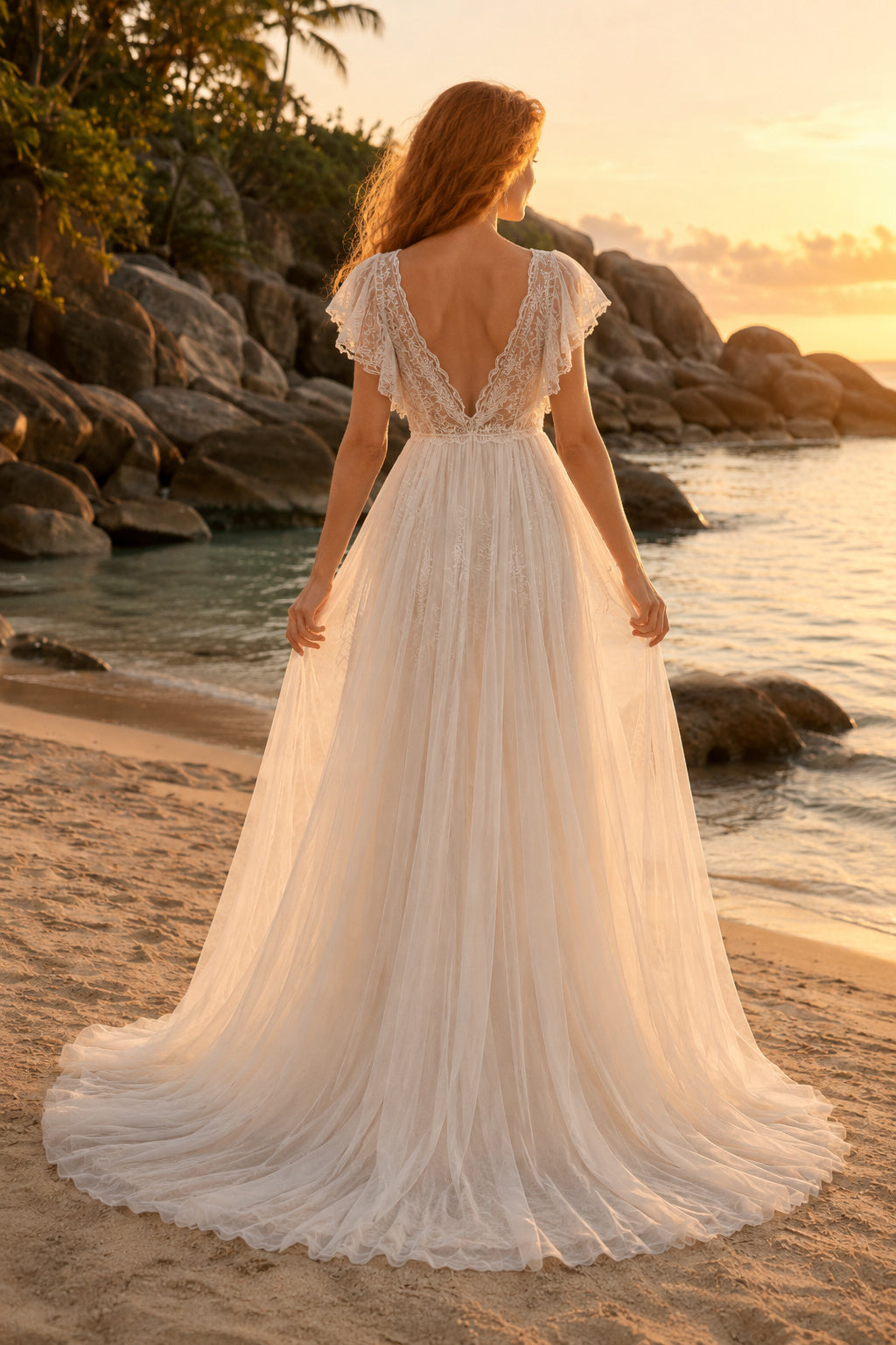 Ivory V-Neck Flutter Sleeve Chiffon A-Line Wedding Dress with Deep V Back and Train Style MG_701189 back view