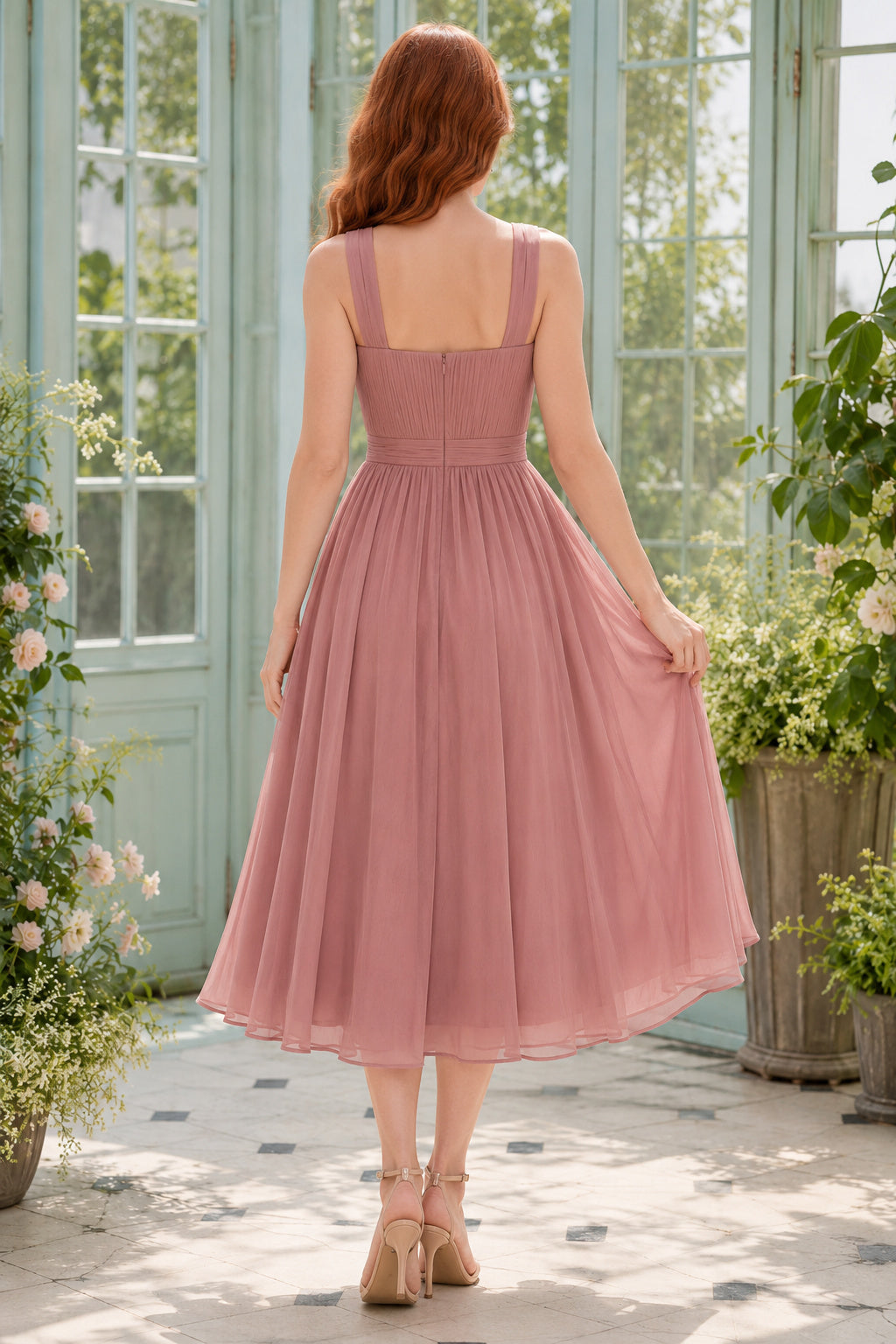 Plus Size Dusty Rose Tea-Length Tulle A-Line Bridesmaid Dress with Square Neck and Straps back view