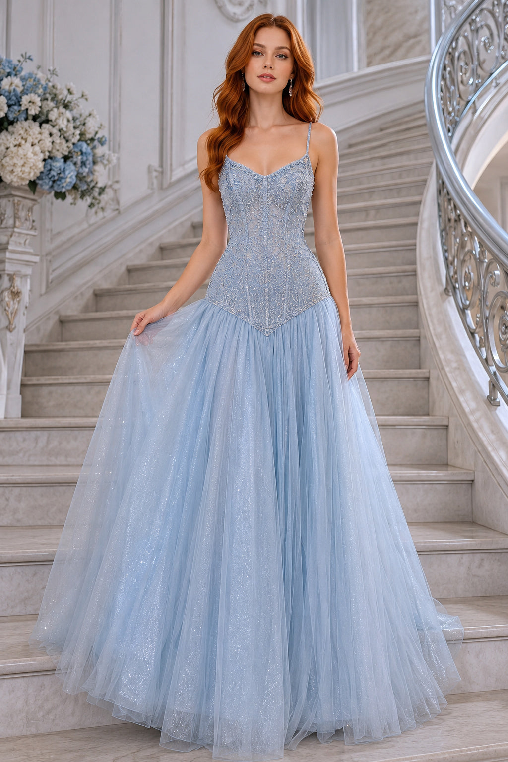 Sky Blue Spaghetti Strap Lace Bodice Ball Gown with Full Tulle Skirt Floor Length And Sweep/Brush Train Ball Gown Prom Dress
