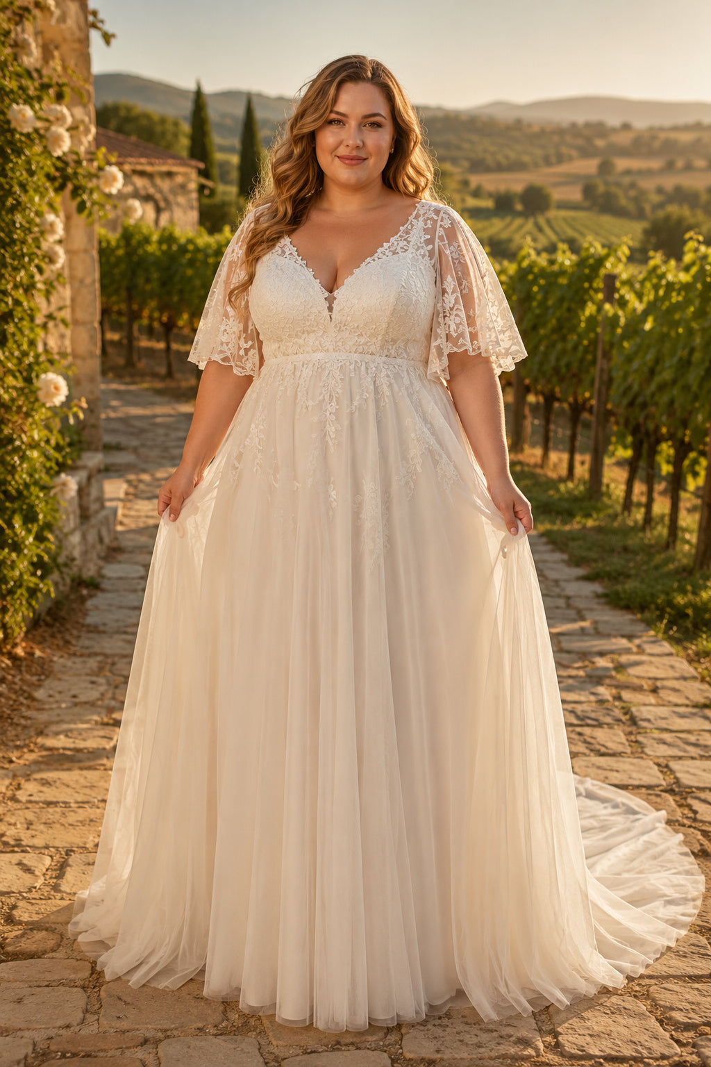 Ivory Plus Size V-Neck Lace A-Line Wedding Dress with Flutter Sleeves and Soft Tulle Train front view