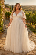 Ivory Plus Size V-Neck Lace A-Line Wedding Dress with Flutter Sleeves and Soft Tulle Train front view