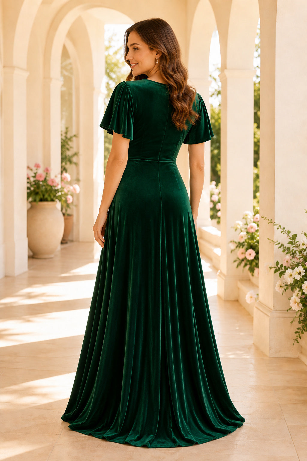 Dark Green V-Neck Flutter Sleeve Velvet A-Line Evening Dress with Side Draping back view