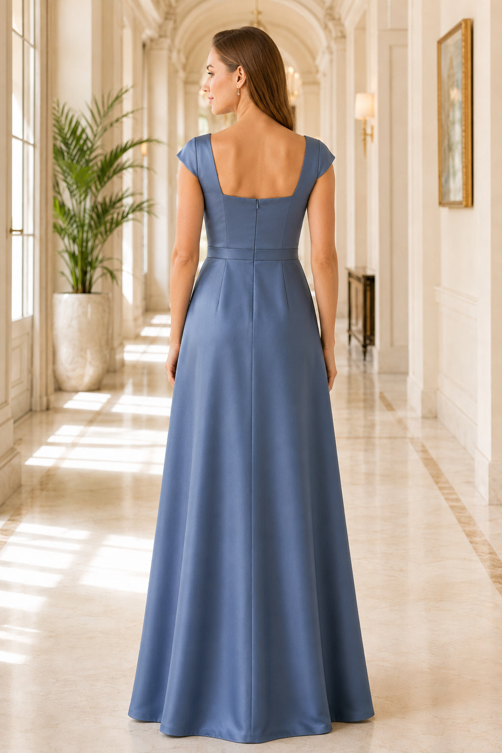 Steel Blue Square Neck Satin A-Line Bridesmaid Dress with Cap Sleeves and Clean Skirt back view