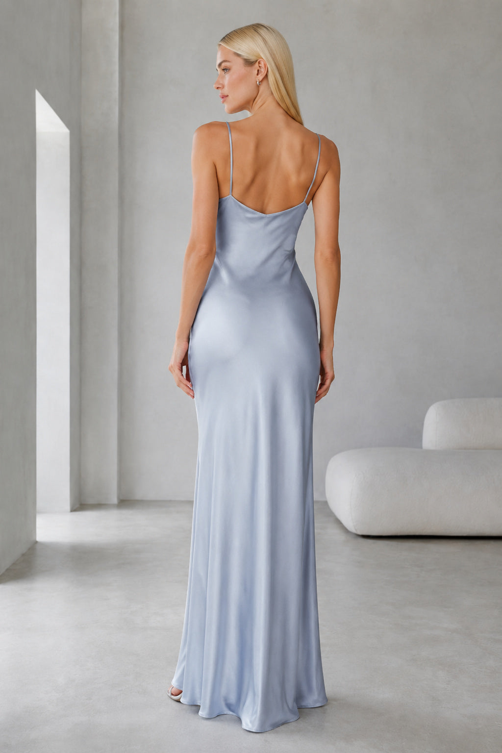 Sky Blue Cowl Neck Satin Slip Evening Dress back view