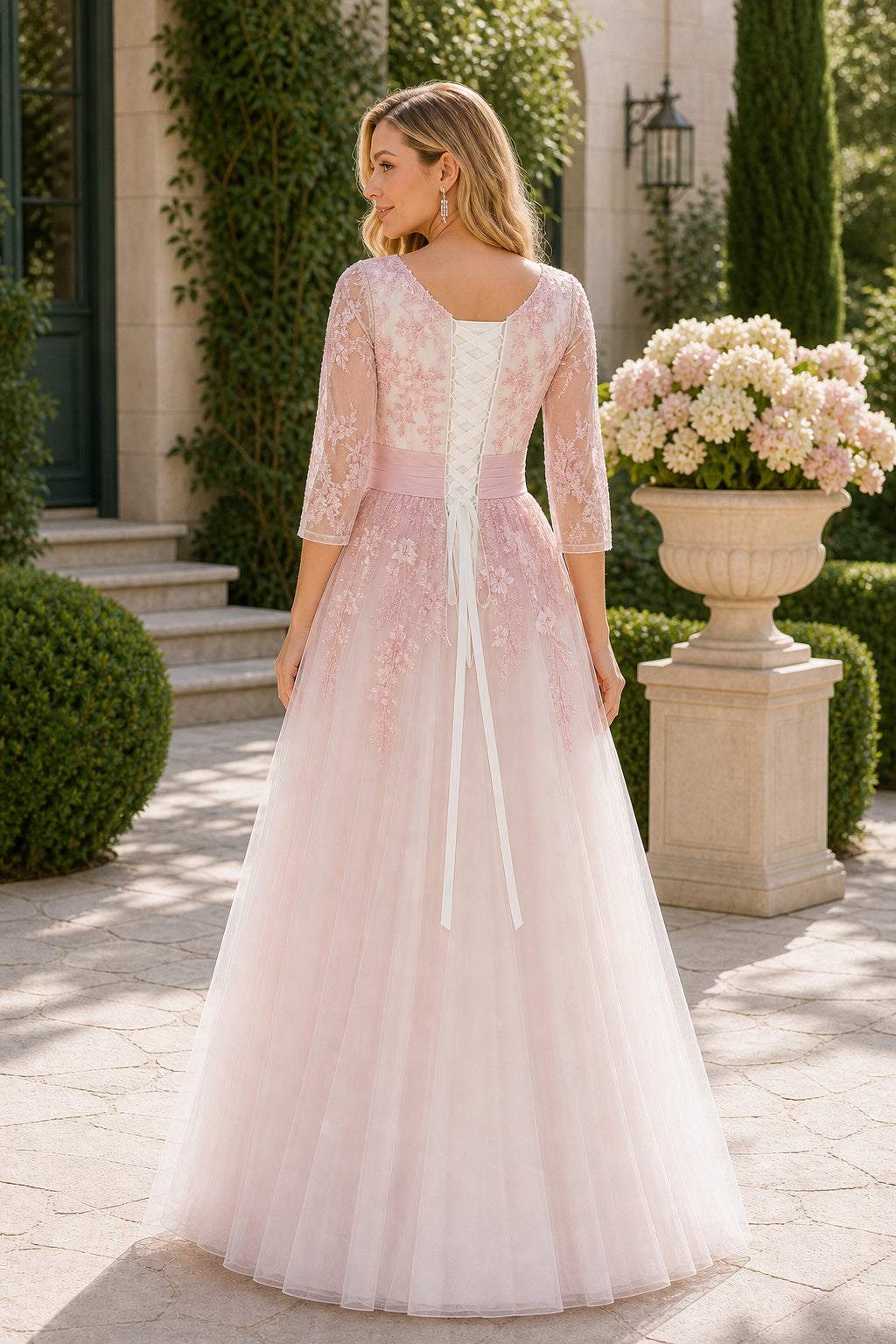 Blush Bateau Long Sleeves A-Line Tulle, Lace Floor-length Wedding Dress With Lace and Beading