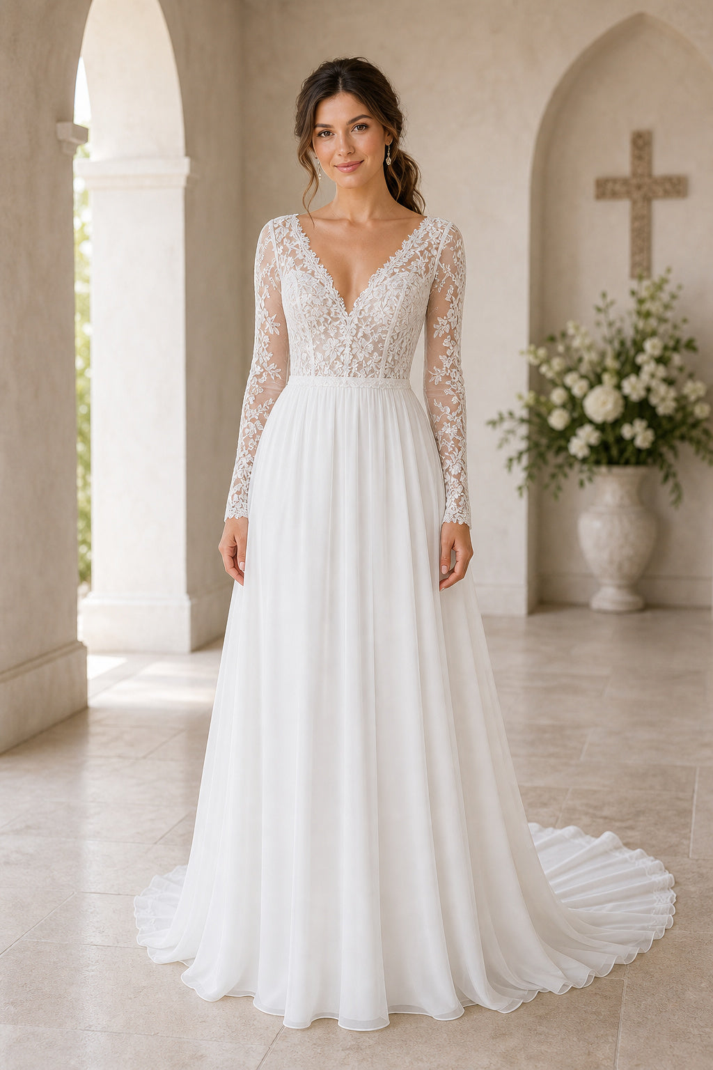 Ivory Illusion A-Line Satin Floor-length Wedding Dress With Floral Appliques and Front Slit