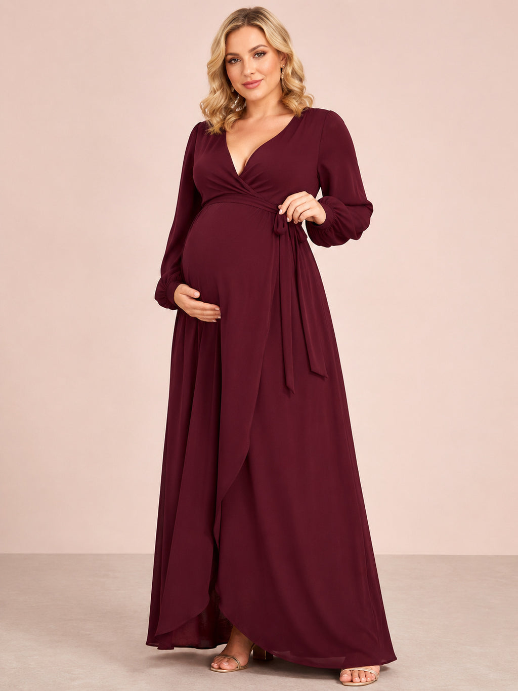 Burgundy Long Sleeve Wrap Plus Size Maternity Gown front view