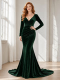 Dark Green V Neck Ruched Long Sleeve Velvet Mermaid Wedding Dress front view