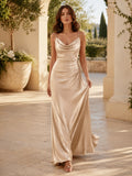 Champagne Cowl Neck Satin Spaghetti Strap Floor Length Draped Occasion Dress front view