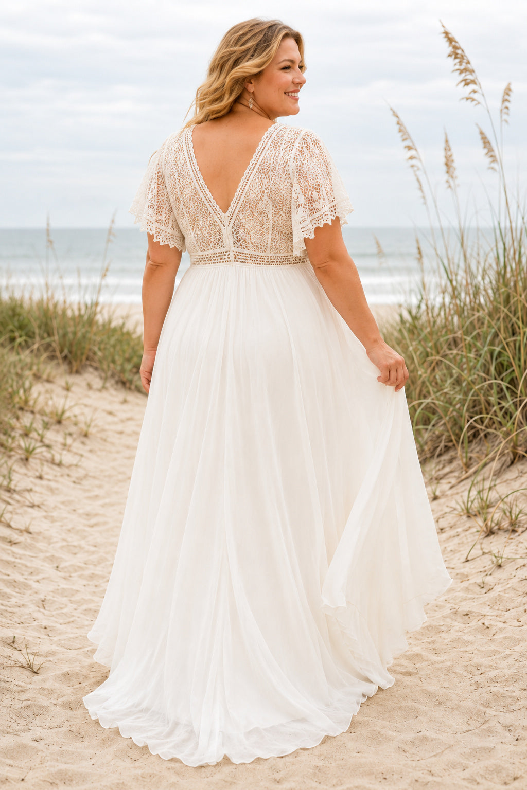 Plus Size Ivory V-Neck Cap Sleeve Lace Tulle A-Line Wedding Dress with Cap Lace Sleeves and Beach Chiffon Skirt back view