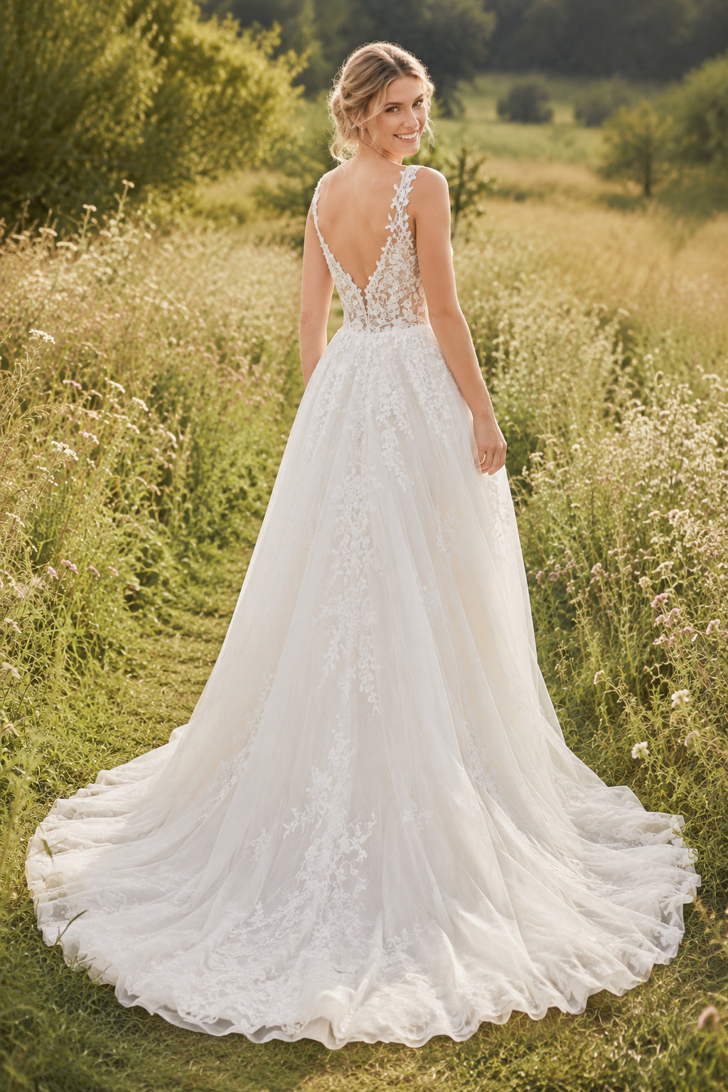 Wedding A-Line Tulle Dress with V-Neck Lace Bodice and Chapel Train Style 720811 back view