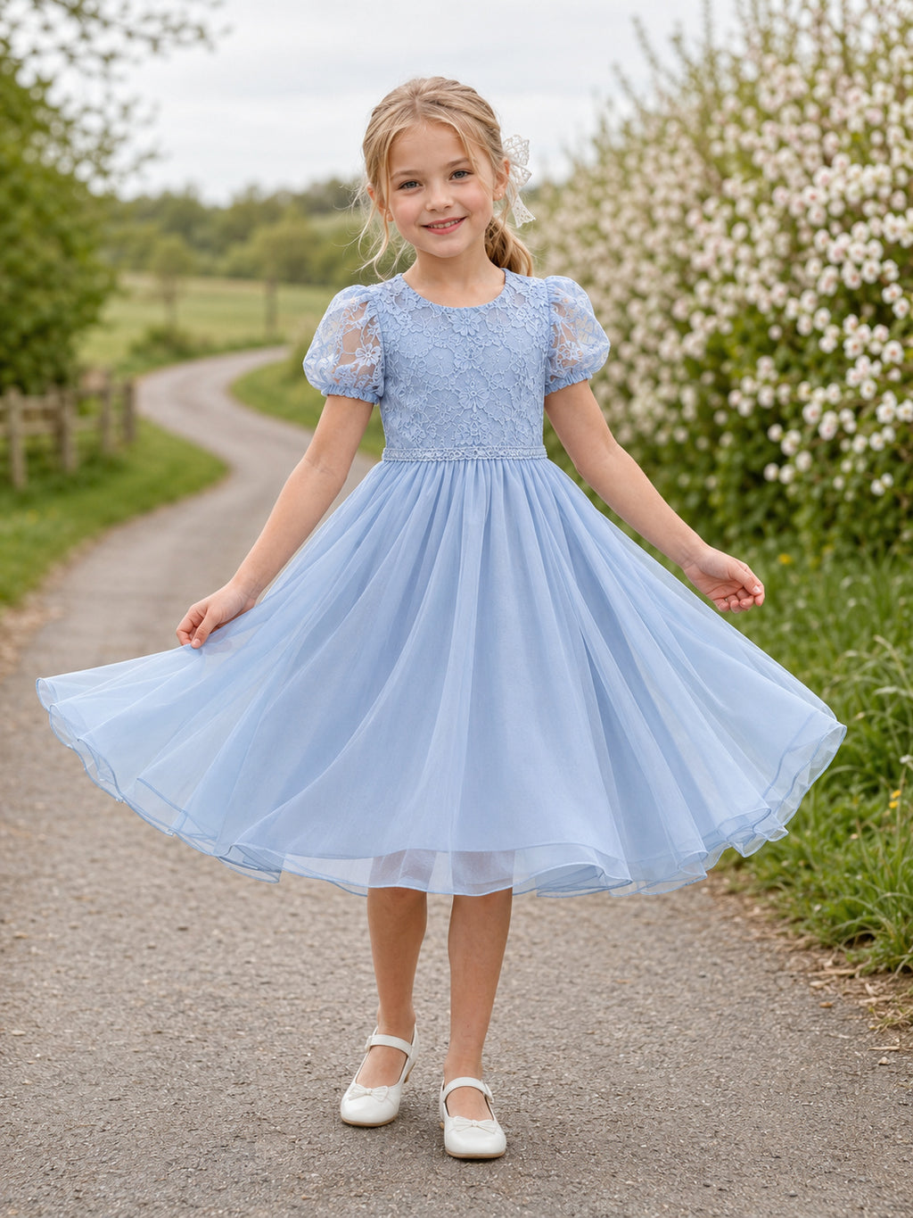 Country Garden Sky Blue Puff Sleeve Tulle Tea-Length A-Line Flower Girl Dress with Jewel Neck and Floral Detail front view