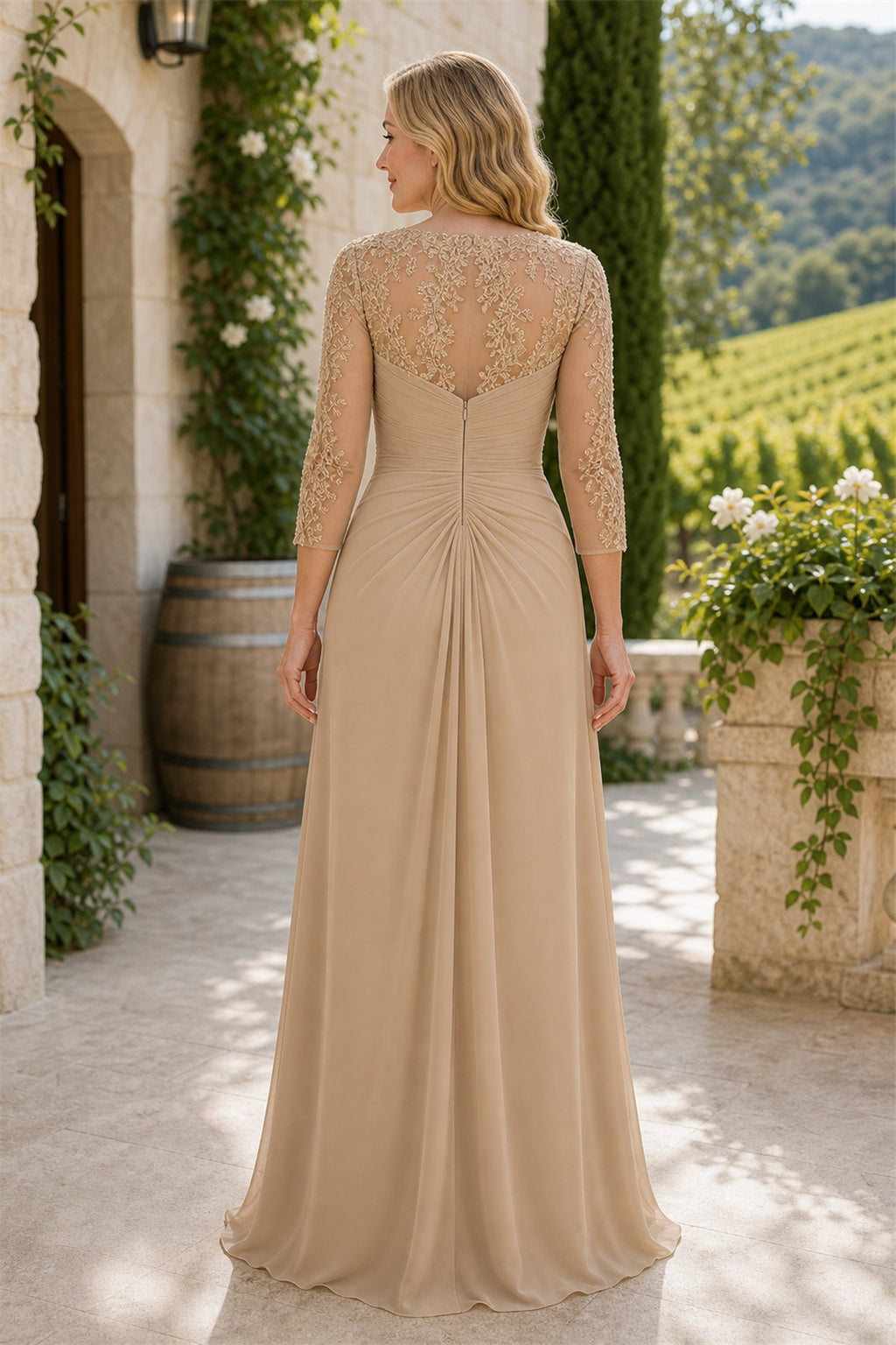 Champagne Bateau Long Sleeve A-Line Chiffon Floor-Length Dress With Lace Bodice