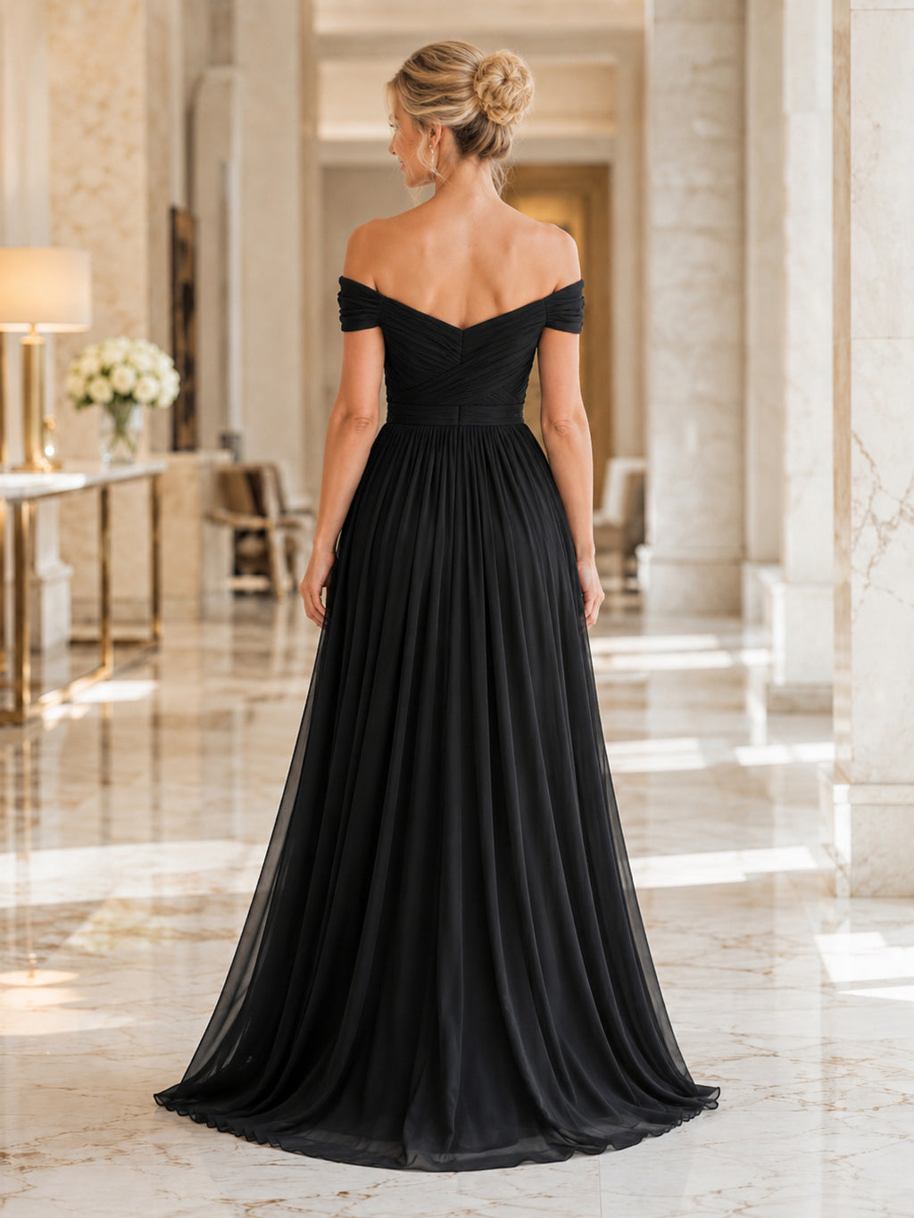 Black Off Shoulder Chiffon A Line Formal Dress back view