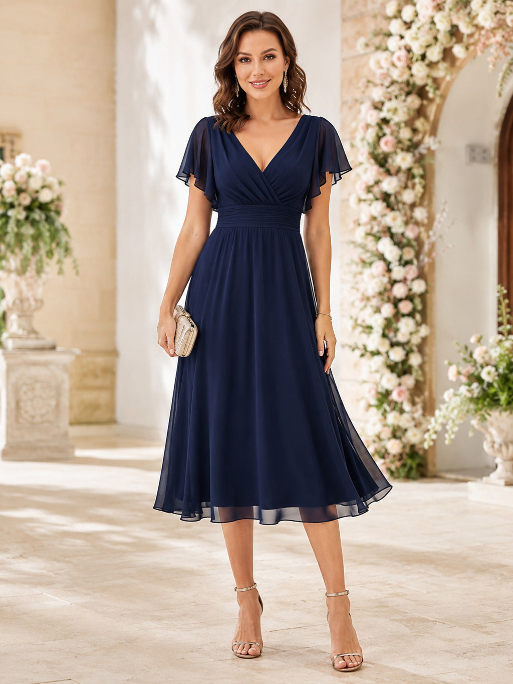 Dark Navy V-neck Chiffon Wedding Guest Dress front view