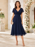 Dark Navy V-neck Chiffon Wedding Guest Dress front view