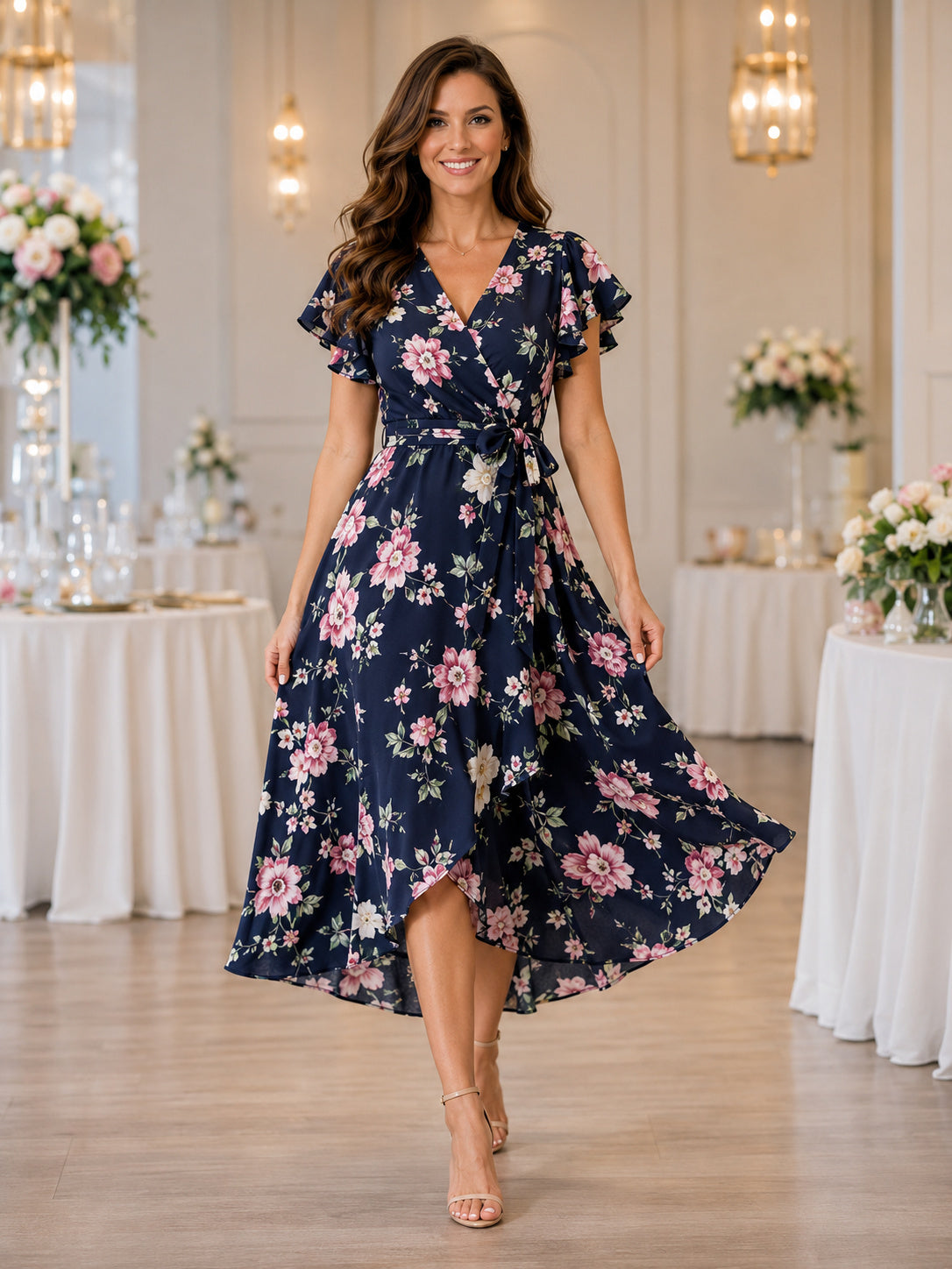 Navy Floral Wrap V Neck High Low Fundraiser Midi Dress front view