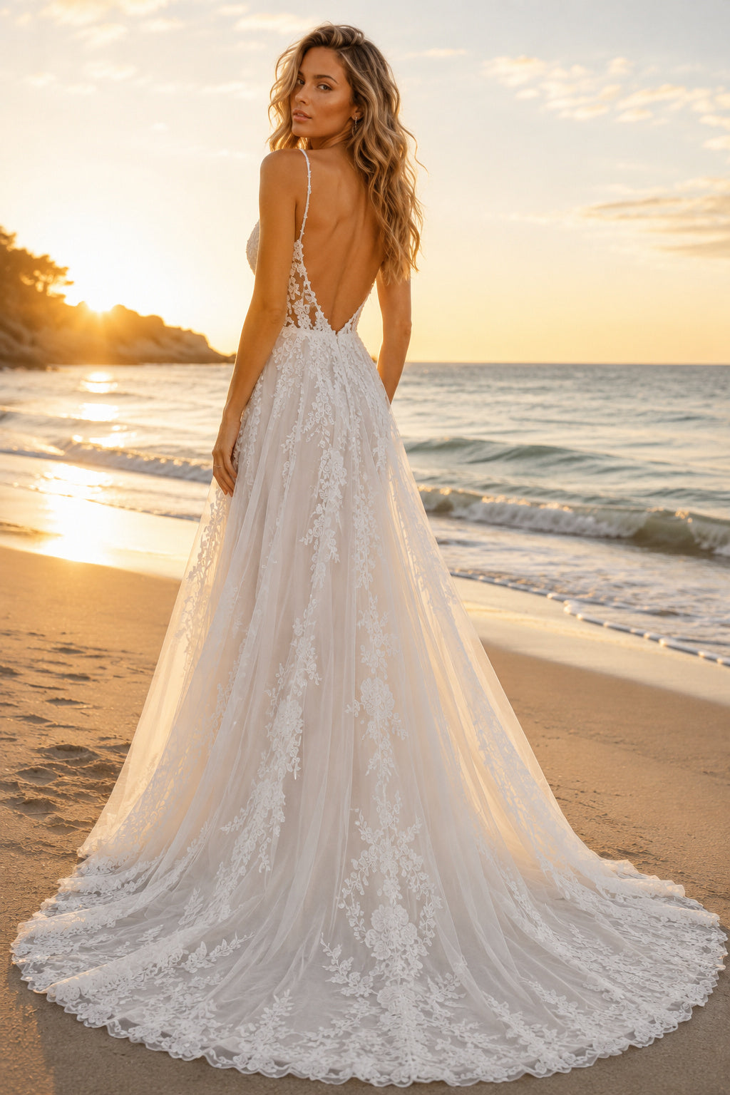Ivory Spaghetti V-Neck Lace Tulle A-Line Wedding Dress Split Train for Wedding Ceremony and Reception Style MG_701426 back vi
