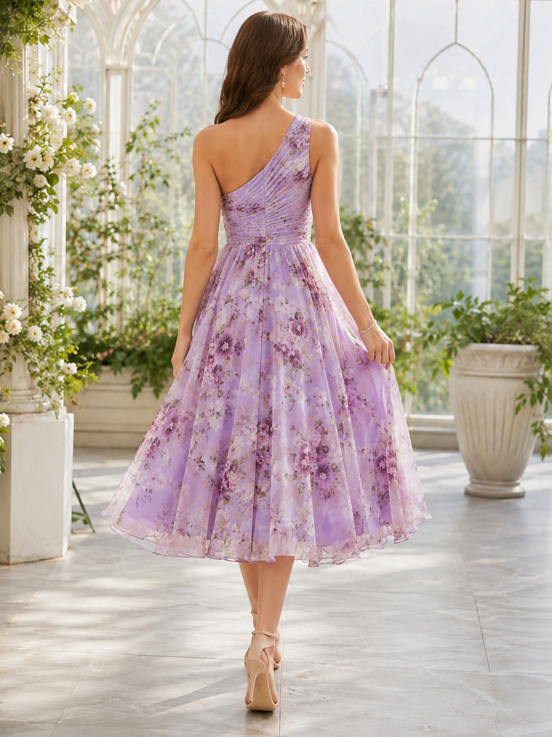 Lilac Floral One Shoulder Garden Party Midi Dress back view