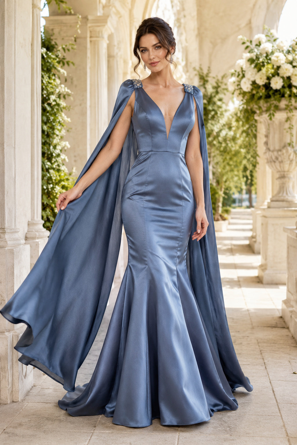 Evening Gown Slate Blue Satin Mermaid V-Neck Sleeveless with Slit Sweep Train front view