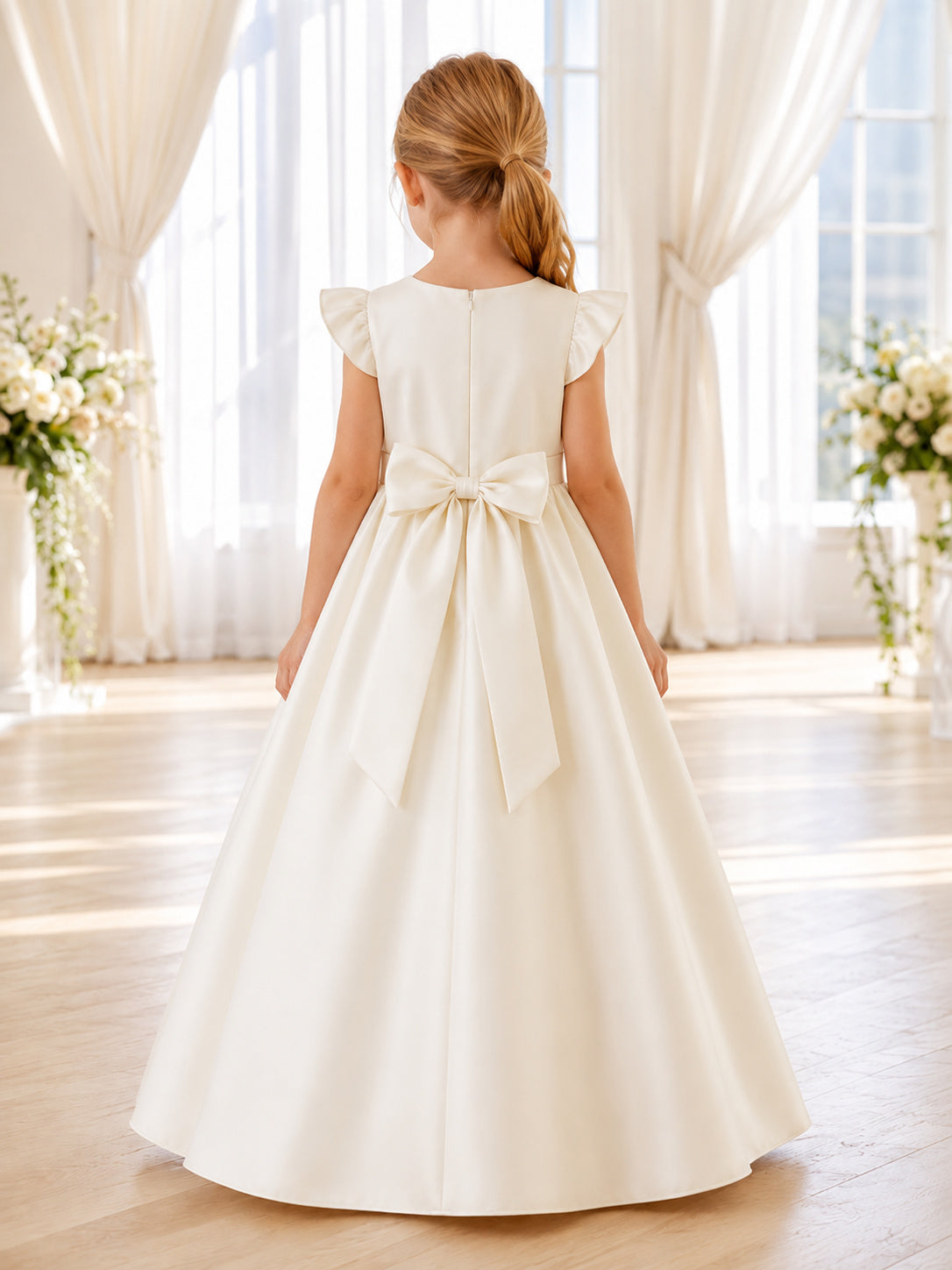 Ivory Classic Bow Back Satin Bow Back A-Line Flower Girl Dress with Flutter Sleeves, Jewel Neck and Floor-Length Skirt back v
