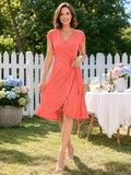 Coral Sleeveless Surplice Wrap Knee Length Garden Party Dress front view