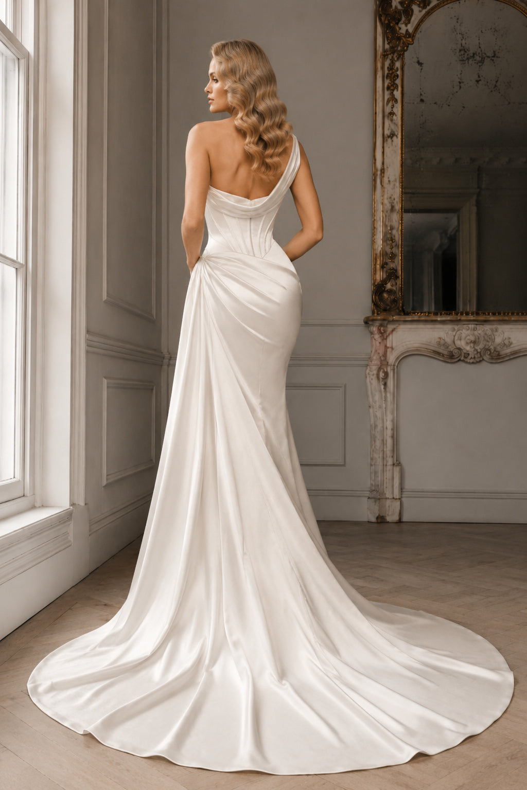 Ivory Cowl Neck Satin Sheath Wedding Dress with Side Drape back view