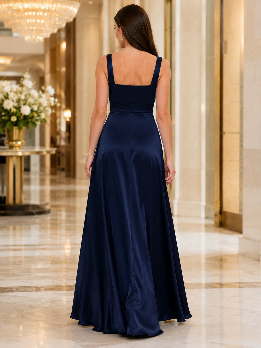 Dark Navy Square Neck Satin Empire Formal Dress back view