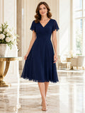 Dark Navy Affordable V Neck Flutter Sleeve Chiffon Tea Length A Line Dress front view