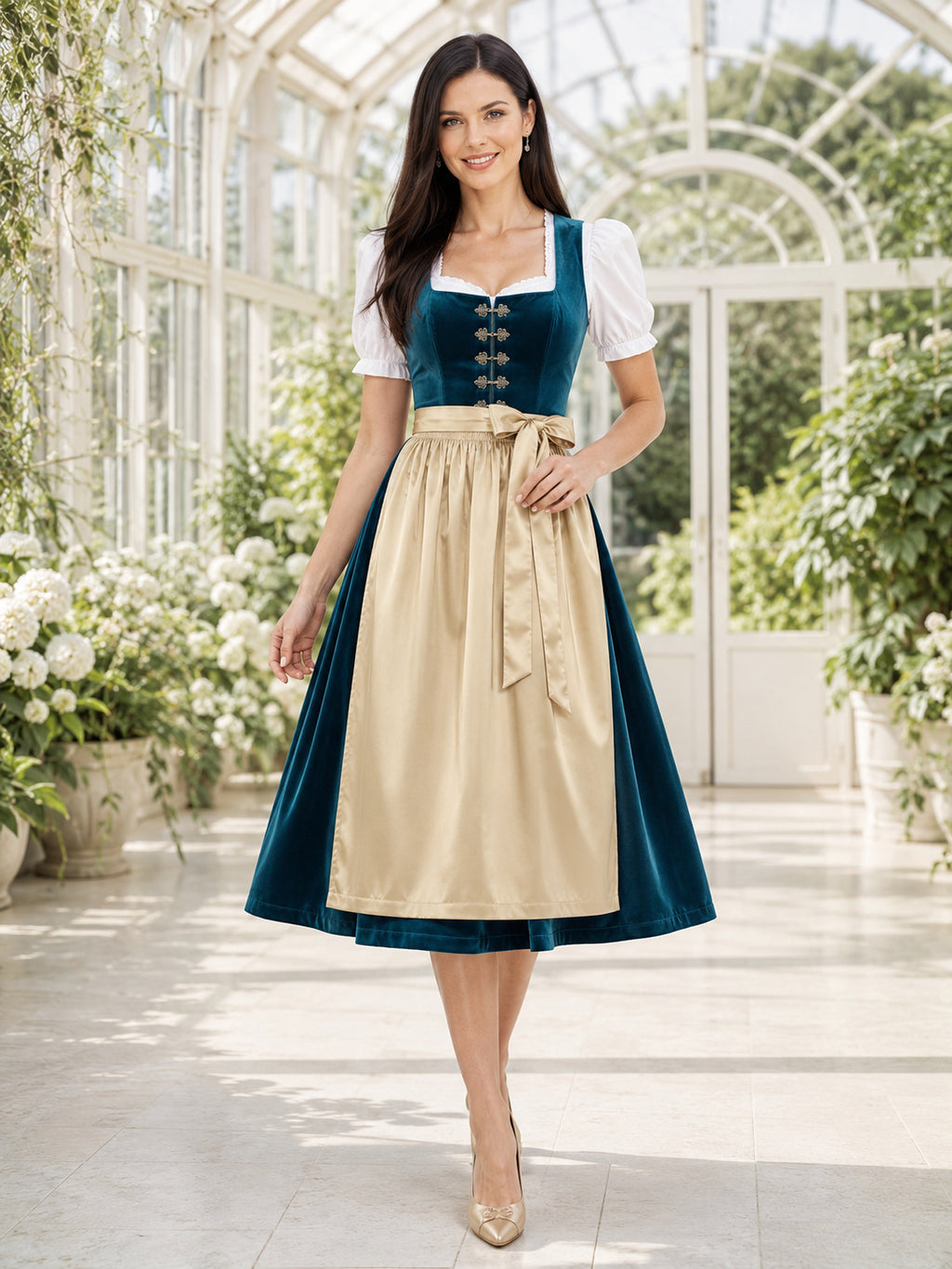 Elegant Peacock Velvet Dirndl A Line Tea Length Puff Sleeve Champagne Apron front view