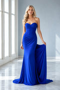 Evening Gown Royal Blue Jersey Mermaid Strapless Sweetheart Ruched Sweep Train front view