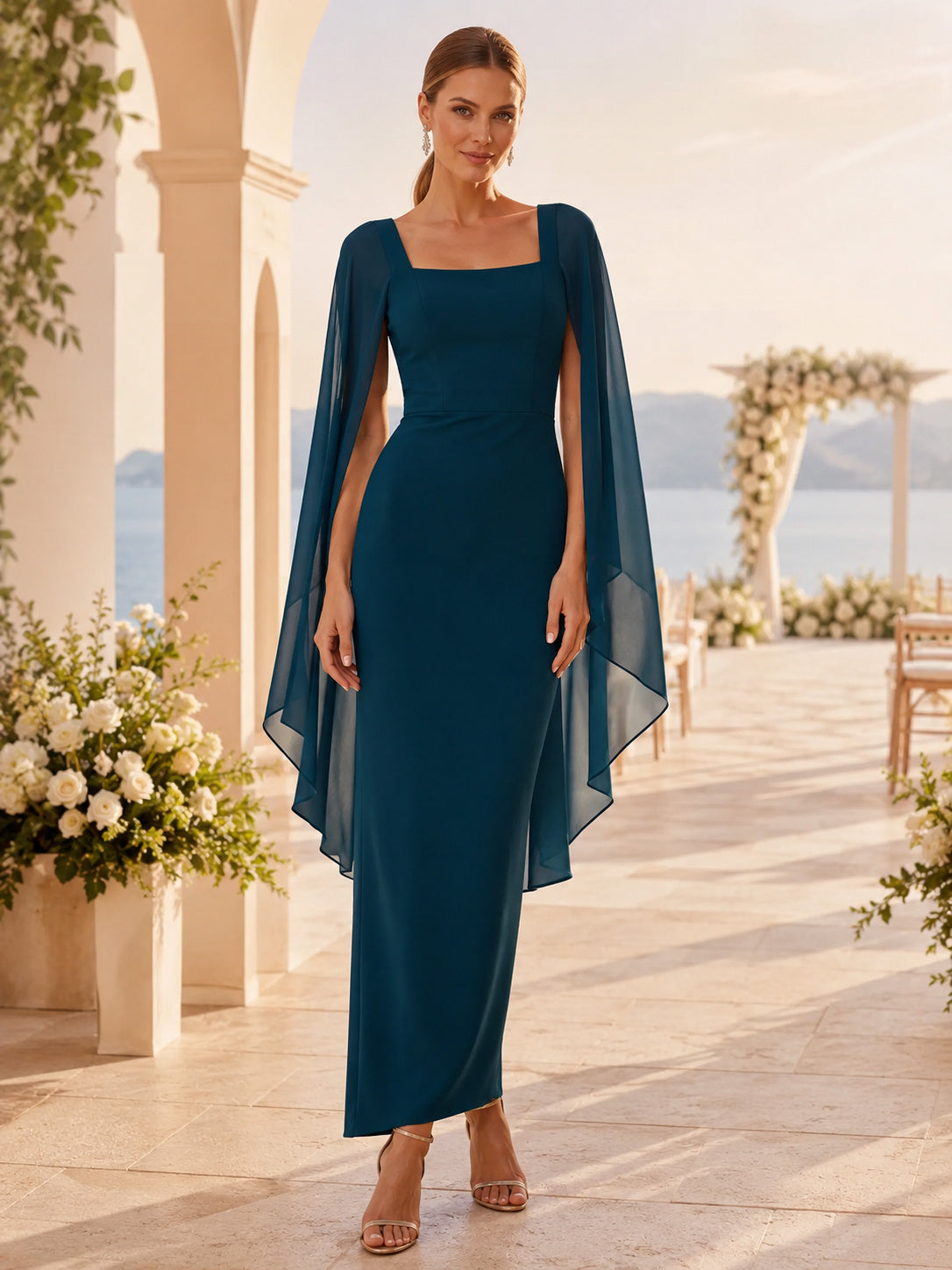 Peacock Square Neck Long Cape Sleeve Sheath Guest Dress front view