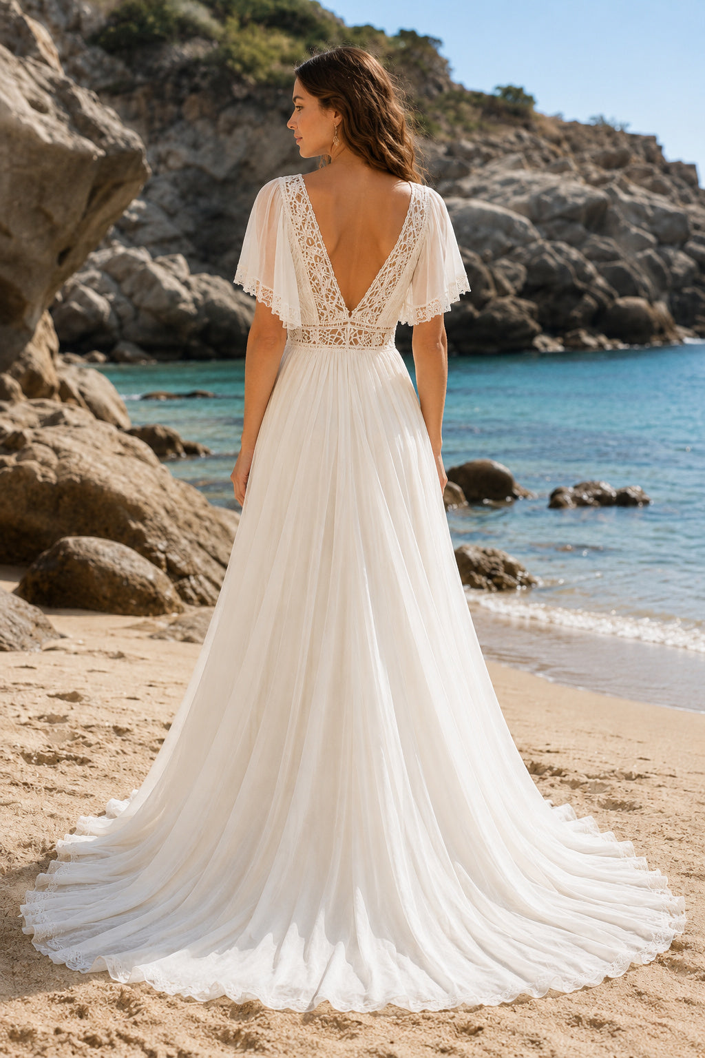 Ivory Flutter Sleeve V-Neck Chiffon A-Line Wedding Dress Split Front for Bridal Ceremony and Reception back view