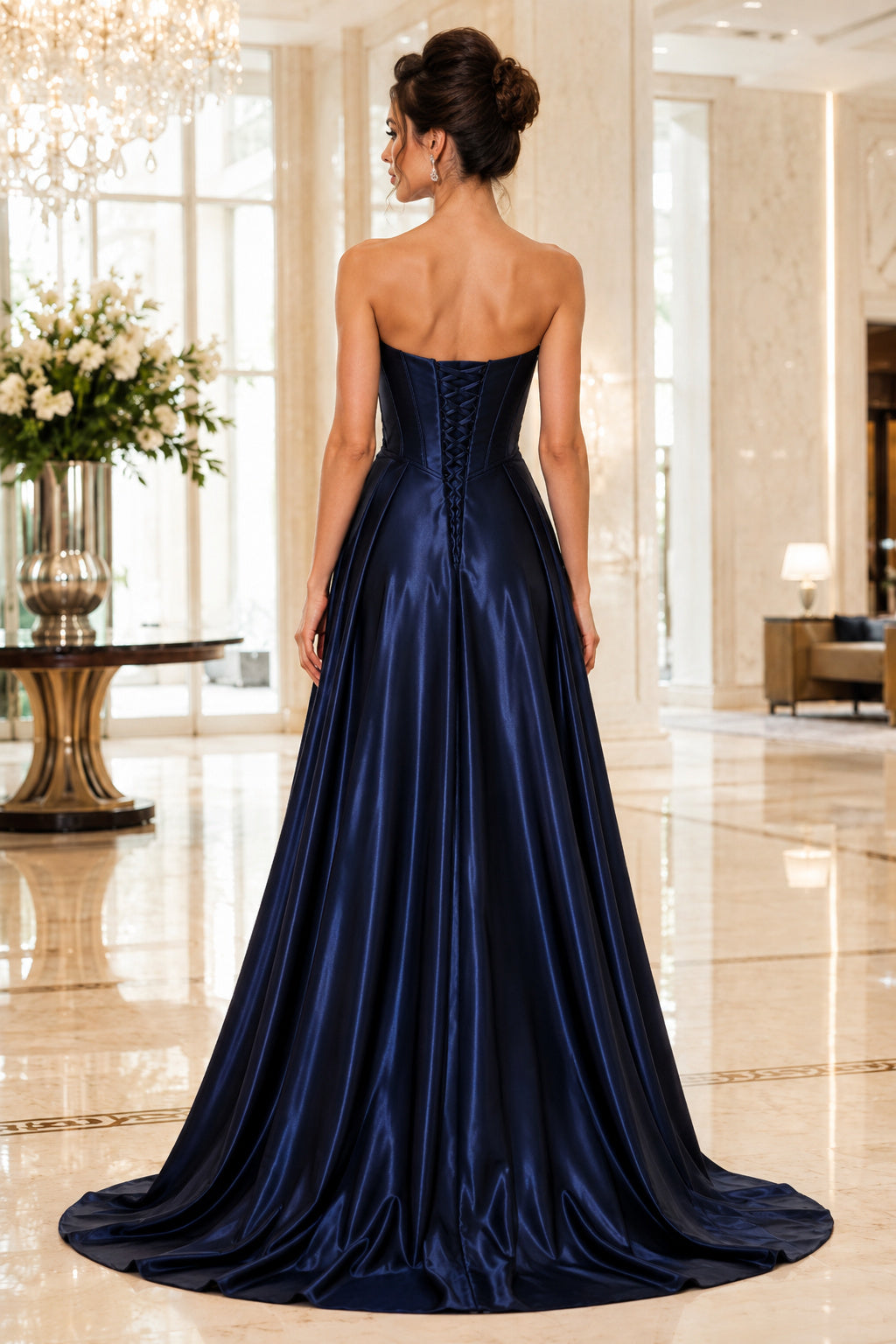 Dark Navy Strapless Satin A-Line Formal Dress back view