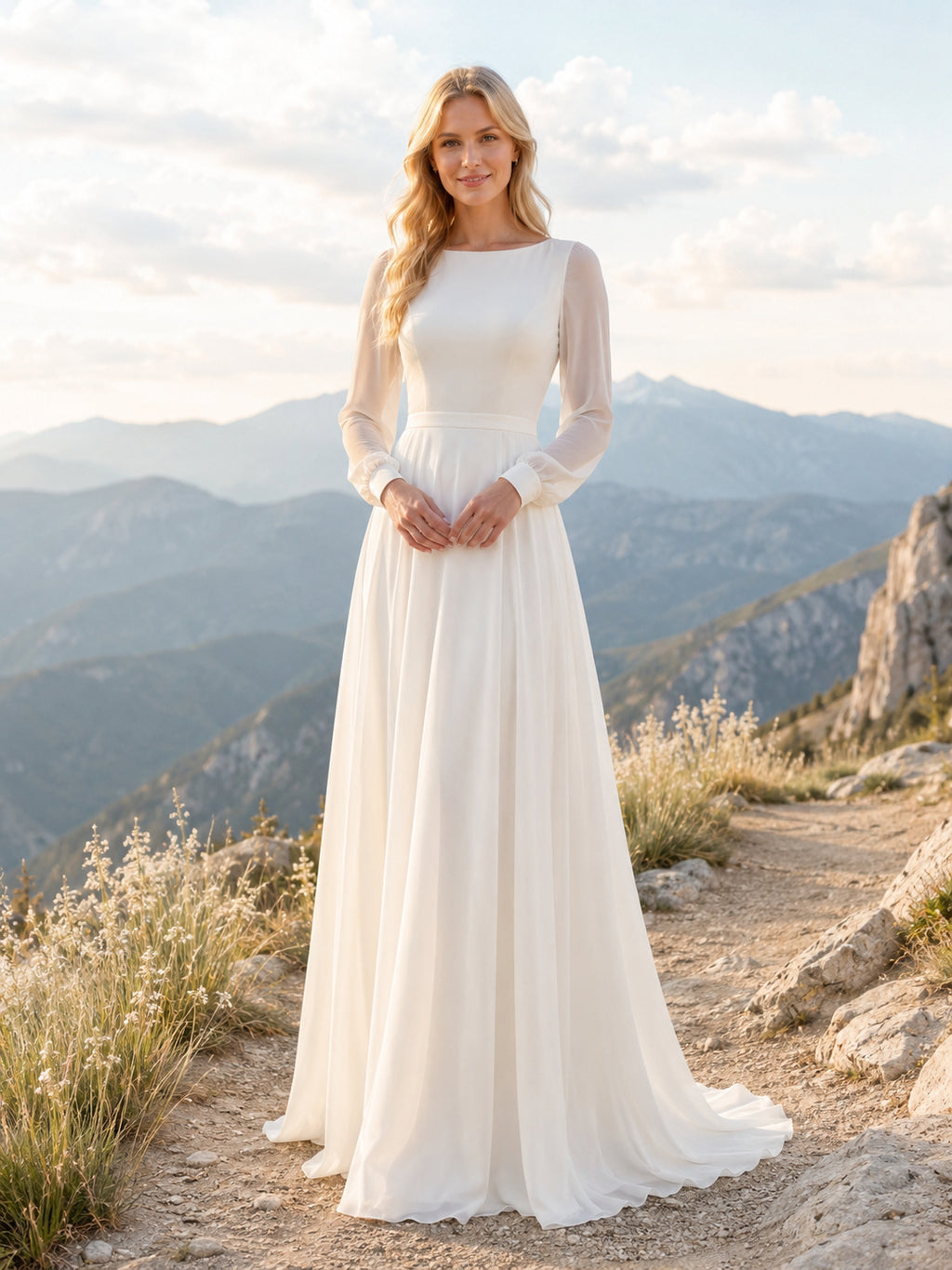 Mountain Long Sleeve Bateau Open Back Wedding Dress front view