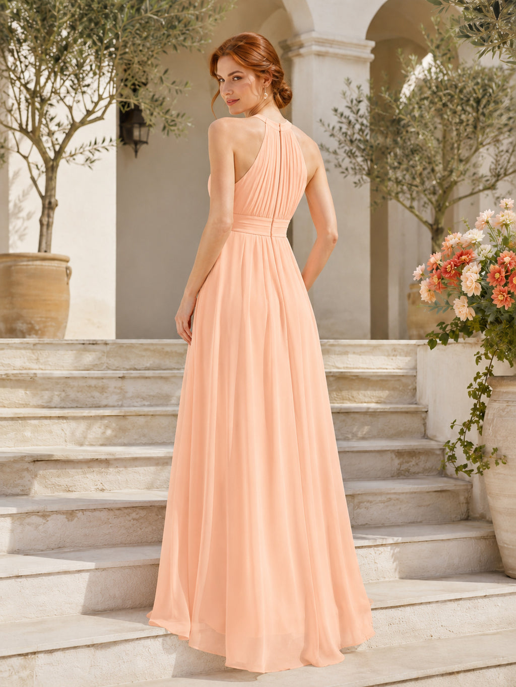 Elegant Coral Chiffon Bridesmaid A Line Floor Length Halter Pleated Bodice Gown back view