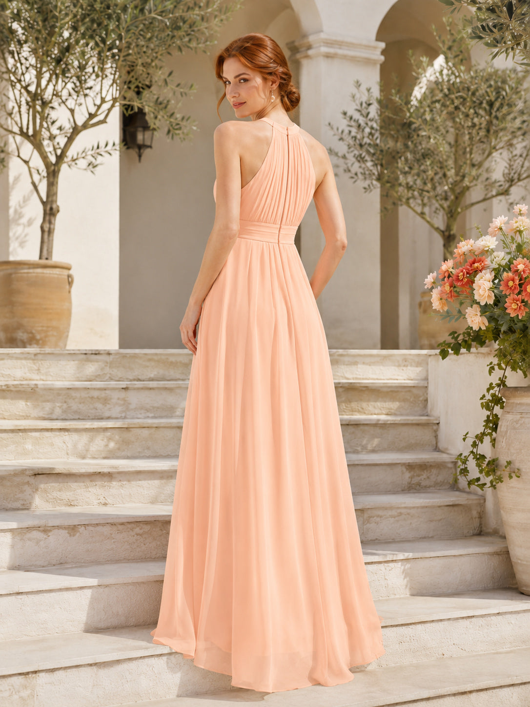 Elegant Coral Chiffon Bridesmaid A Line Floor Length Halter Pleated Bodice Gown back view