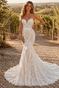 Ivory Sexy Spaghetti Neck Mermaid Allover Lace Wedding Dress with Spaghetti Straps and Chapel Train front view