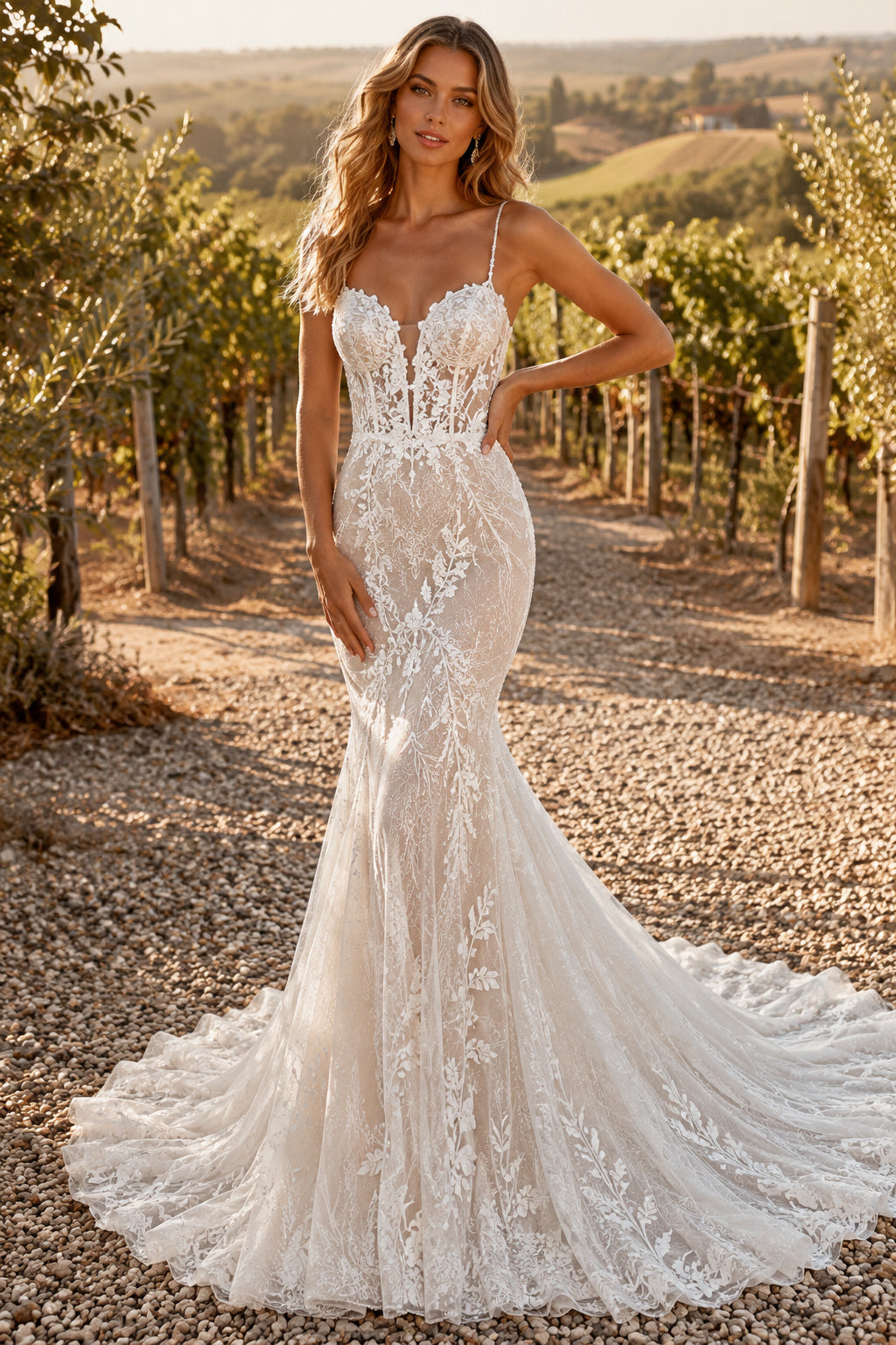 Ivory Sexy Spaghetti Neck Mermaid Allover Lace Wedding Dress with Spaghetti Straps and Chapel Train front view